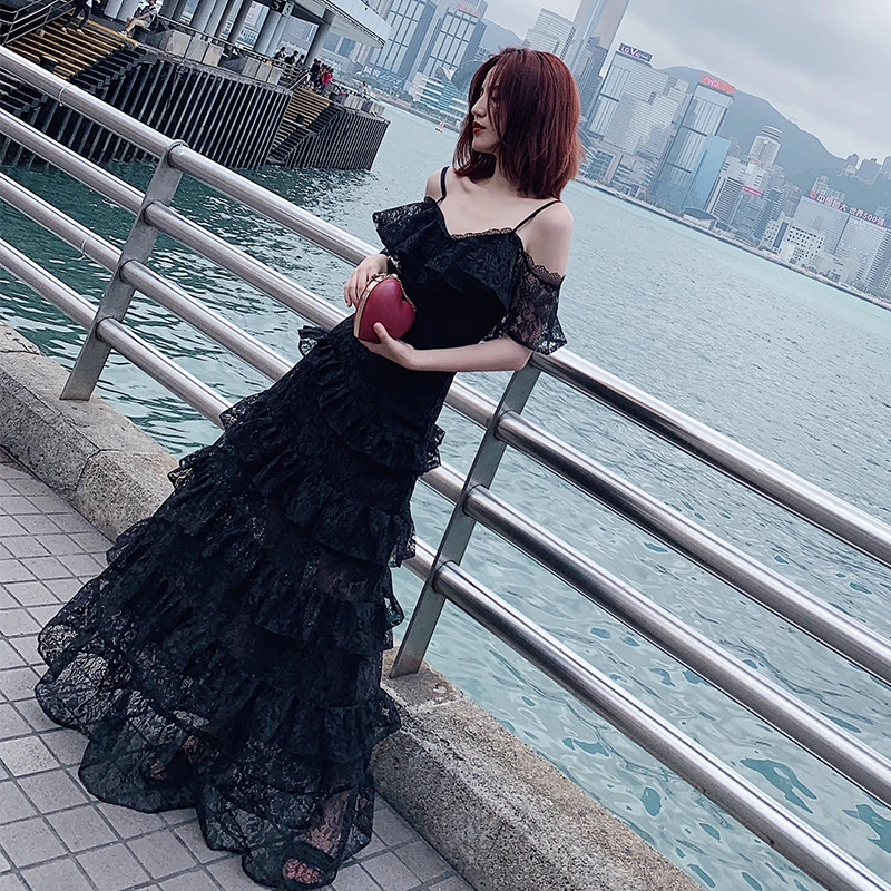 BGW Vestido Longo Festa Noite черное кружевное Многоуровневое вечернее платье сексуальное V образным вырезом с короткими рукавами Спагетти ремень молния сзади