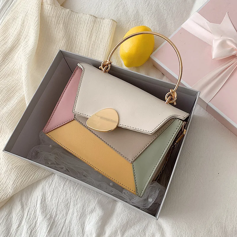 2020 Women Bag Flap PU Korean Lady Patchwork Hasp Chains Metal Handle