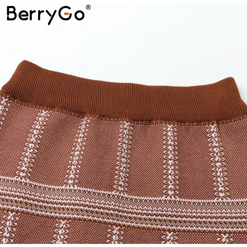 BerryGo, элегантное женское трикотажное платье из 3 предметов, модный кардиган, женское платье в клетку, уличная одежда, геометрический рисунок, осенний свитер, платье, костюм
