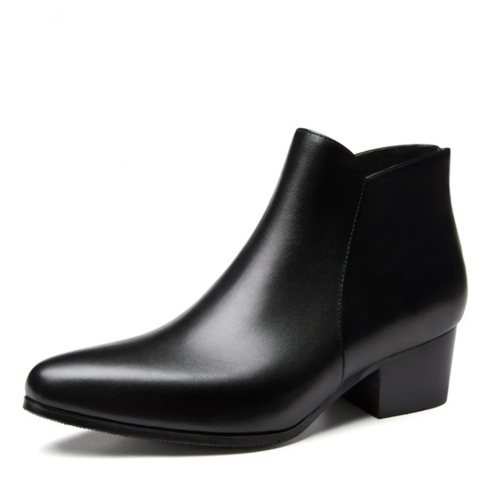 

Mans Leather Ankle Boots England Trendy Business Office Work High Heels Pointed Toe Black Boots