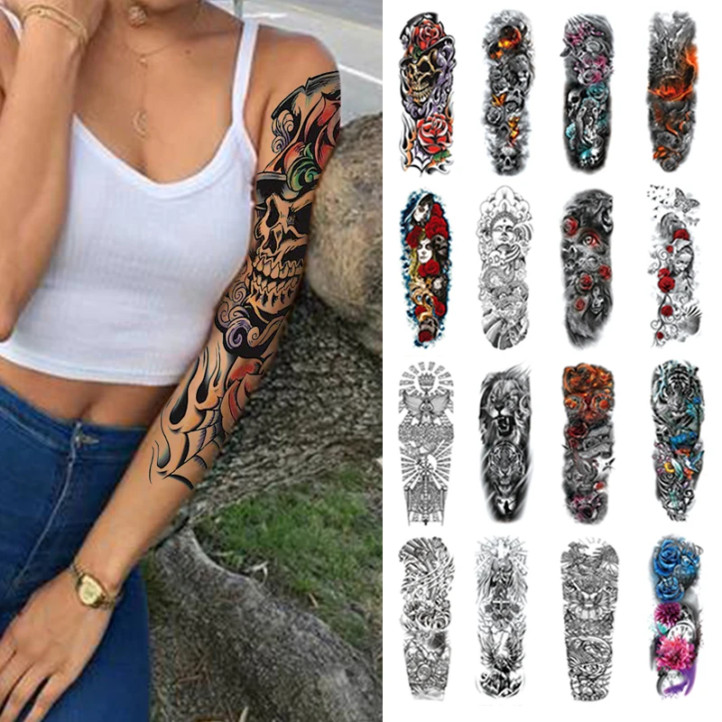 Tattoo Sticker Temporary Tattoos Waterproof Temporary Tattoos For Women Body Art Painting Arm Legs Tattoos Sticker Wild Wolf Tiger Full Skull Totem Tatto