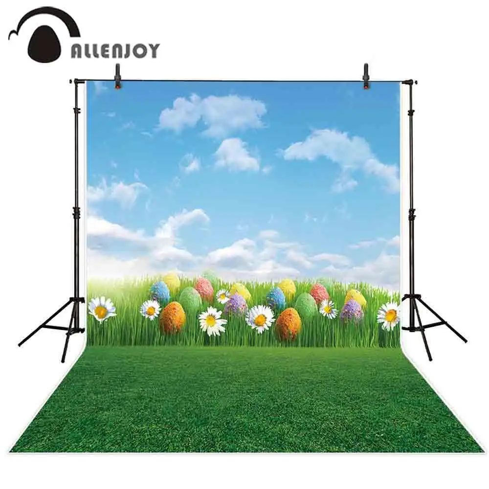 

Allenjoy photophone backdrop Spring colorful easter egg blue sky clouds Daisy flower photography background photobooth photocall