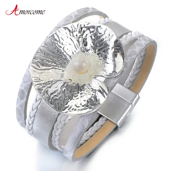 

Amorcome Bohemian Women Wide Leather Bracelet Irregular Geometric Heart Charm with Pearl Wrap Bracelets Female Party Jewelry