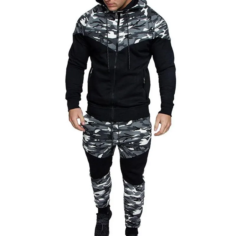 Gray Litthing модный мужской комплект с камуфляжным принтом, Повседневная Лоскутная куртка, мужской спортивный костюм из 2 предметов, Спортивная толстовка с капюшоном, штаны, костюм - Цвет: Gray