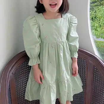 

Spring autumn vintage puff sleeve embroidered dress square collar kids floral princess dress