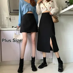 Saias pretas mulheres meados de bezerro faculdade a linha de cintura alta estilo coreano ol all match amigos plus size streetwear chique feminino inferior