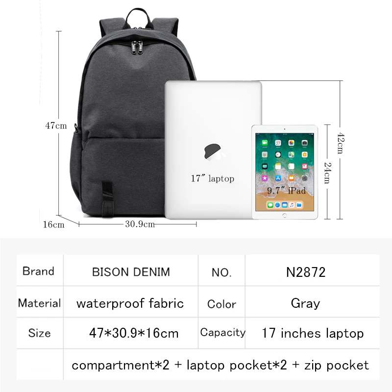 BISON джинсовый деловой мужской рюкзак usb зарядка офисный Рабочий рюкзак 1" ноутбук рюкзак мужские сумки на плечо для работы N2872