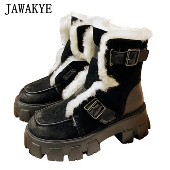 

Retro Flat Platform Army Boots for Women Natural Fur Old Effect Snow Boots Thick Bottom Detachable Pocket Wool Boots Shoes Woman
