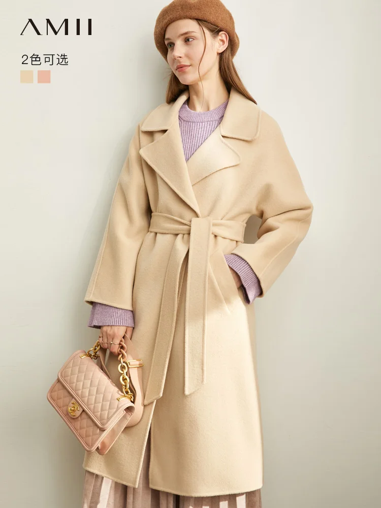 

[winter sale for festival]Amii Hepburn wind wool double-sided coat women's 2019 winter long waist wool coat