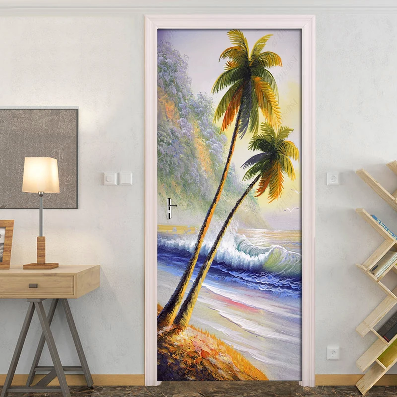

Seaside Coconut Tree Landscape Door Sticker DIY Home Decor Decals Self Adhesive Oil Wallpaper Door Waterproof Mural For Bedroom