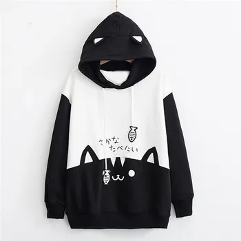 

Autumn Winter Women Hoodie Sweatshirts Pullover Kawaii Cat Print Pocket Streetwear Loose Women Hooded Clothes Moletom O28