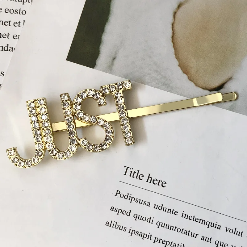 1PC Crystal Word Letter Hair Clips Rhinestone Hairpins Bobby Pins Barrettes Hairgrip Hair Styling Tools Accessories Jewelry Gift - Цвет: JUST(Gold)