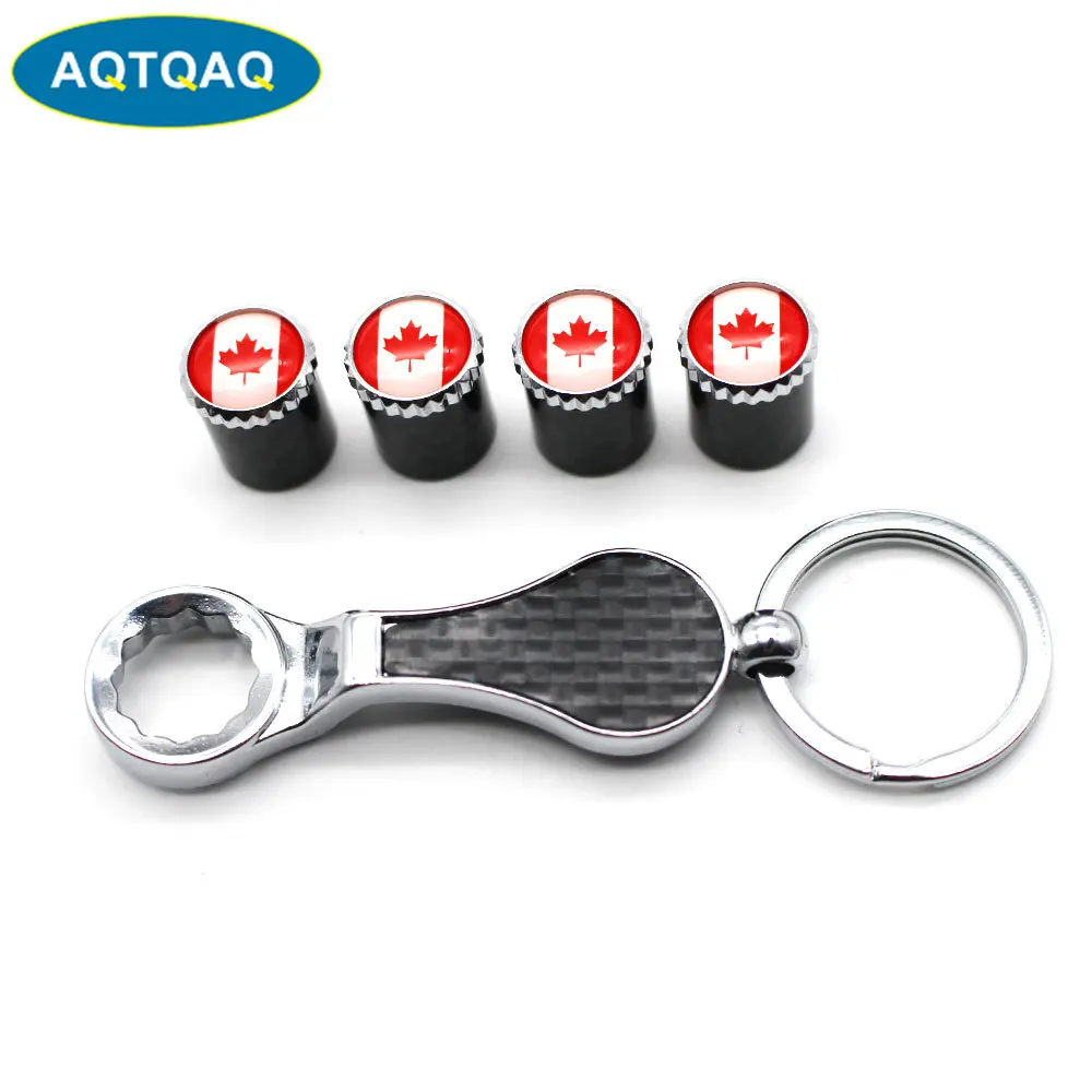 

5Pcs/Set Canada National Flag Emblem Auto Car Wheel Tire Air Valve Caps With Wrench Keychain Carbon Fiber + Copper Stem Dust Cov