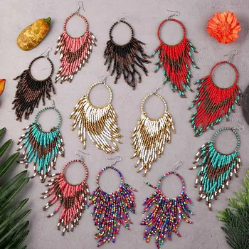 

Bohemian Handmade Beaded Long Tassel Earrings For Women Jewelry Multicolor Beads Statement Earrings Ethnic Drop