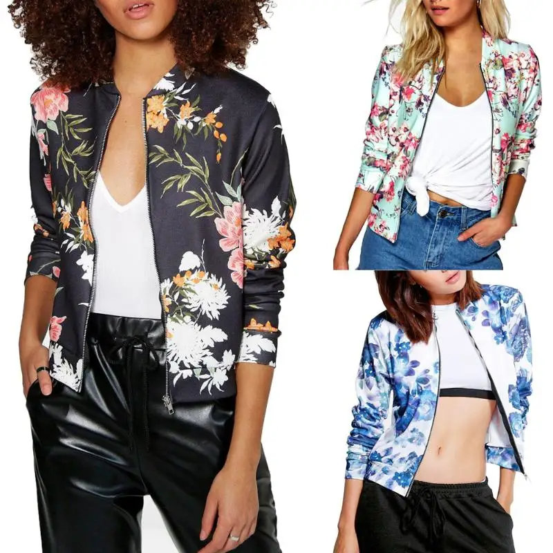 Женская куртка-бомбер классический стиль на молнии Байкер цветочный пиджак в повседневном стиле