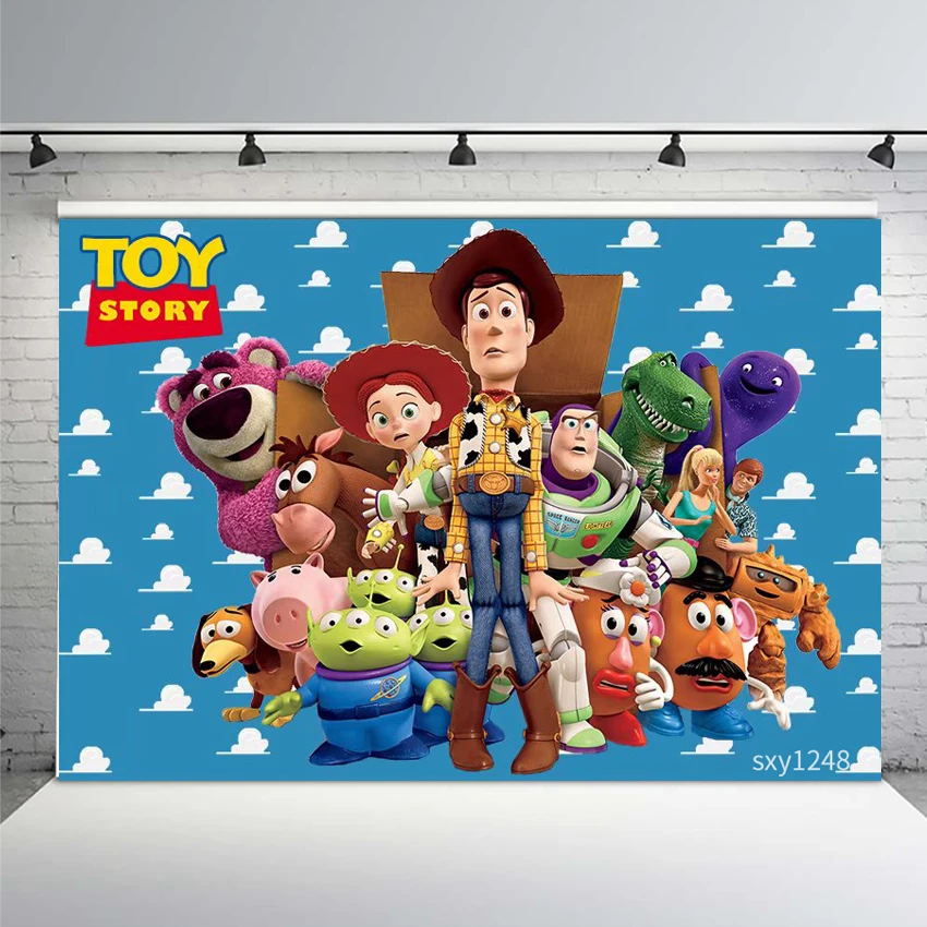 

Mehofoto Toy Story Backdrop for Kids Character Sky Blue Clouds Birthday Party Backgrounds for Photo Studio Custom Vinyl 7x5ft