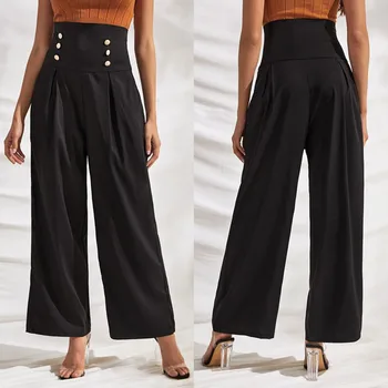 

Women Flare Wide Leg Long Trouser High Waist Casual Female Button Solid Black Loose Pants Office Lady Wear