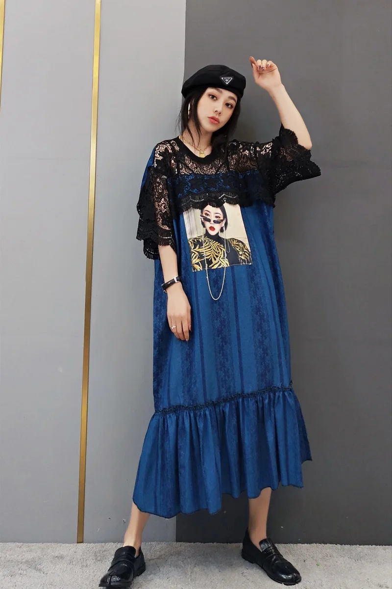 

Ozhouzhan 2020 Spring New Style Fashion Dress Korean-style Printed Denim Skirt Lace Skirt Loose-Fit WOMEN'S Dress Large Size