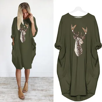 

Summer Large Size Pockets Casual Print Women Dress Loose 3xl 4xl 5xl Long Sleeves Christmas Deer Asymmetrical Knee-length Dress