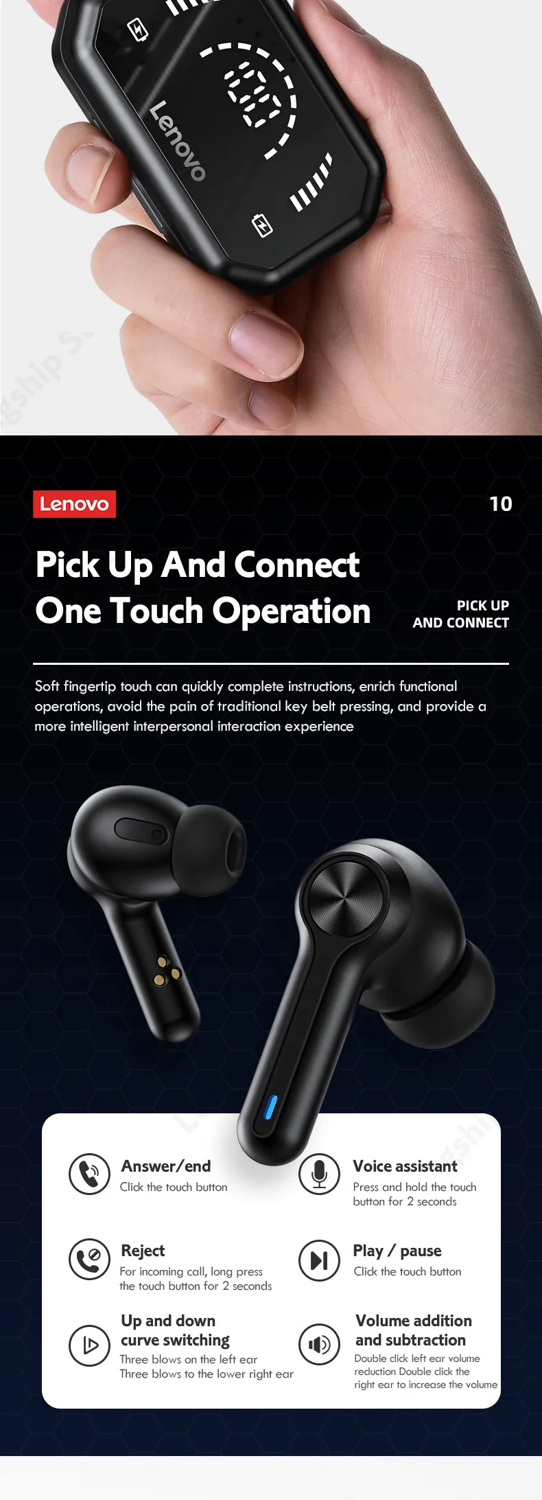 Lenovo LP3 PRO TWS Bluetooth 5.0 Headphone 1200mAh Large Capacity Battery Wireless Earphone HIFI Music Headset with Display