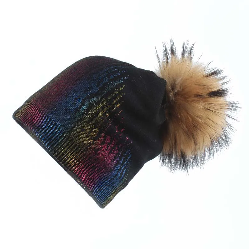 Цветная металлическая шапка с принтом, зимние настоящие шапки с меховым помпоном для женщин, Повседневная шапка в стиле хип-хоп, кашемировая шерстяная шапка skullies