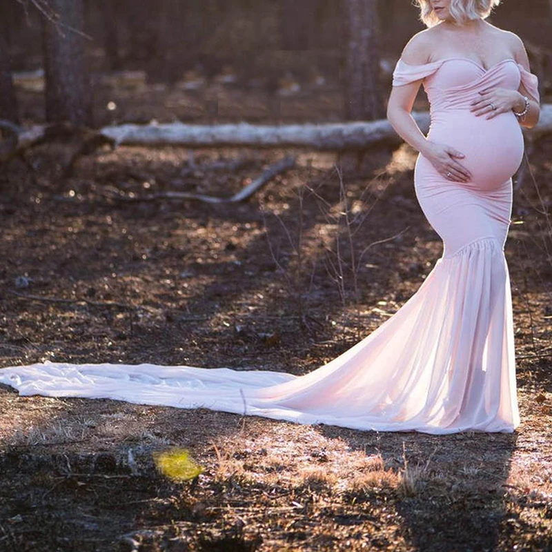Длинное платье для беременных, реквизит для фотосессии, платье для беременных, платья с открытыми плечами для беременных, кружевное платье D25 - Цвет: Розовый