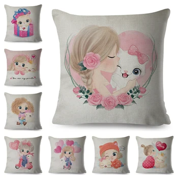 

Cute Girl and Cat Cushion Cover Decor Lovely Cartoon Child Pillow Case Linen Pillowcase for Children Room Sofa Home Car 45x45cm