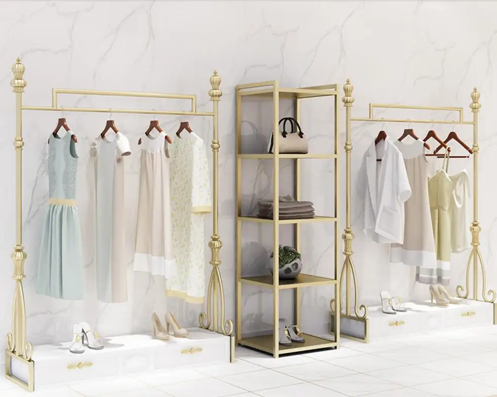 Clothing store display rack floor type European floor rack side hanging women's wear display shelf gold