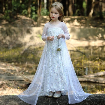 

Snow Queen 2 Fancy Fairy Princess Elsa Dress Up Christmas Carnival White Girls Elsa Costume Kids Sequins Wedding Cosplay Dresses