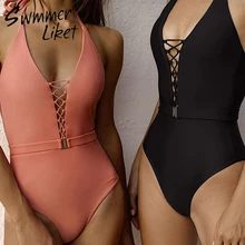 Бандажные боди с лямкой через шею, цельный бикини, женский купальник на шнуровке, Женский монокини с высокой посадкой, женский купальник, женский бикини, Новинка