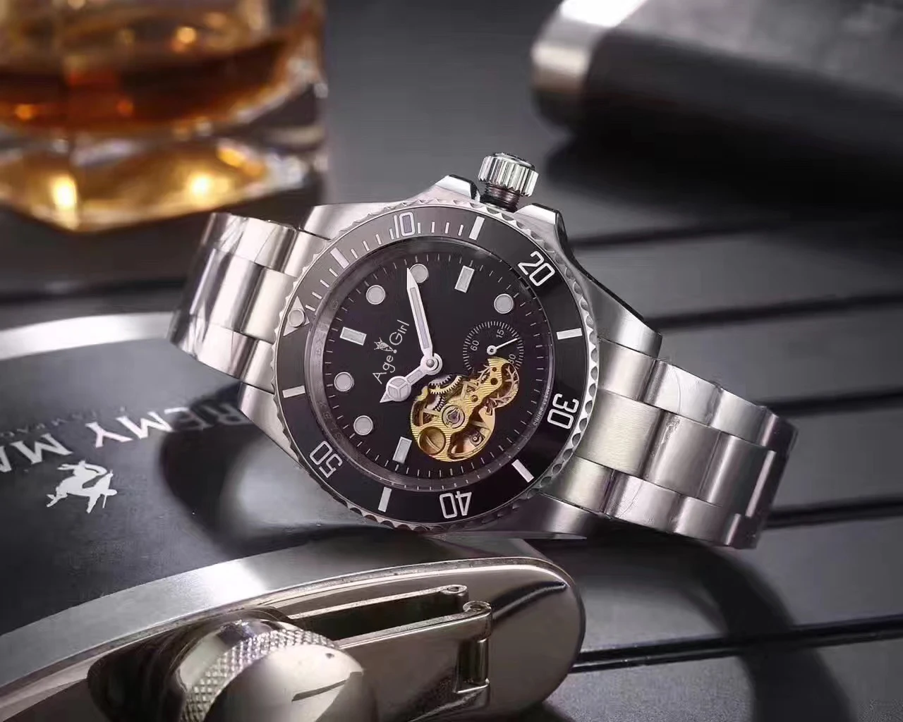 

Luxury Brand New Men Automatic Mechanical Stainless Steel Ceramic Sapphire Watch Waterproof Tourbillion Skeleton Glass Back AAA+