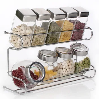 

Kitchenware glass spice bottle set seasoning jar sealed jar seasoning box seasoning bottle rack 10-piece set
