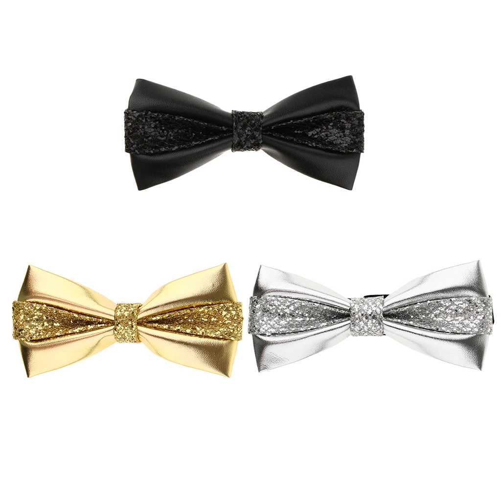 Men's PU Leather Sequins Shining Wedding Pre Tied Bowtie Tuxedo Necktie