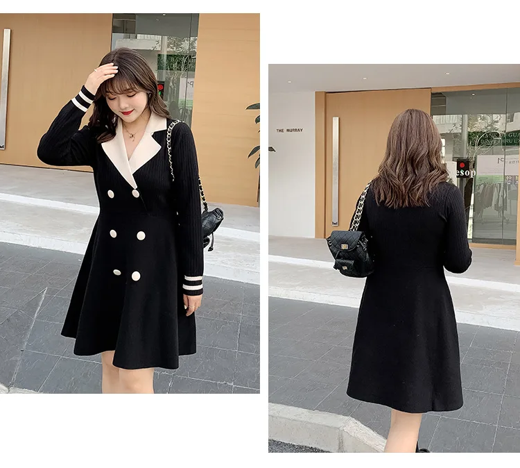 Новинка, женские вязаные платья, весеннее платье с длинным рукавом, с отложным воротником, на пуговицах, элегантное приталенное платье размера плюс, женские платья