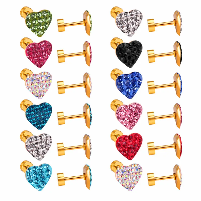 LUXUKISSKIDS Heart 9mm Color kids 12Pairs/Lot Stud Earrings Set For Women Gold Jewelry Screw Earings 316L Stainless Steel brinco | Украшения