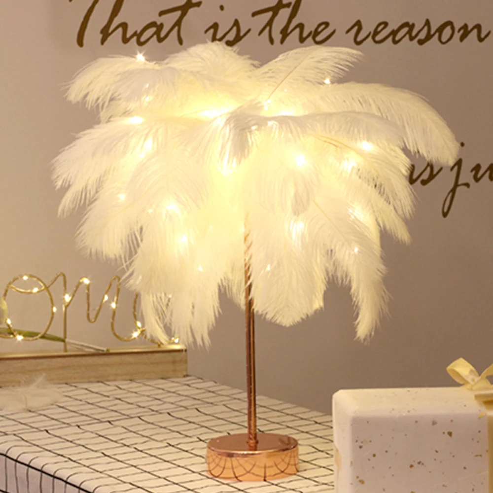 

DIY Creative Feather Table Lamp Warm White Light Tree Feather Lampshade Girl LED Wedding Decorative Birthday Bedside Reading