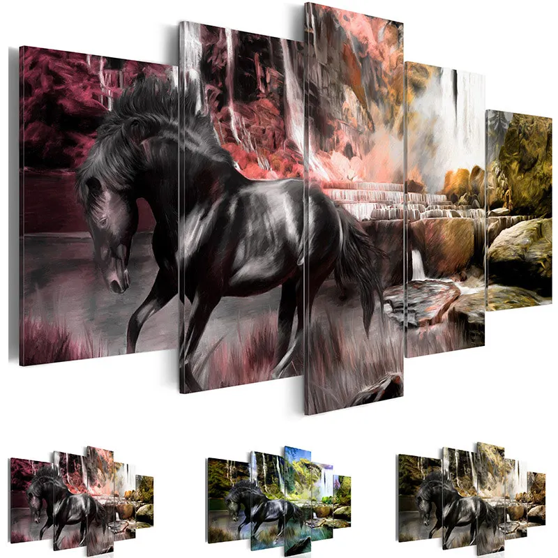 

5 Pieces Nature Animal Wall Art Horse Prints Waterfull Poster Canvas Painting Modular Pictures for Living Room Bedroom Decor