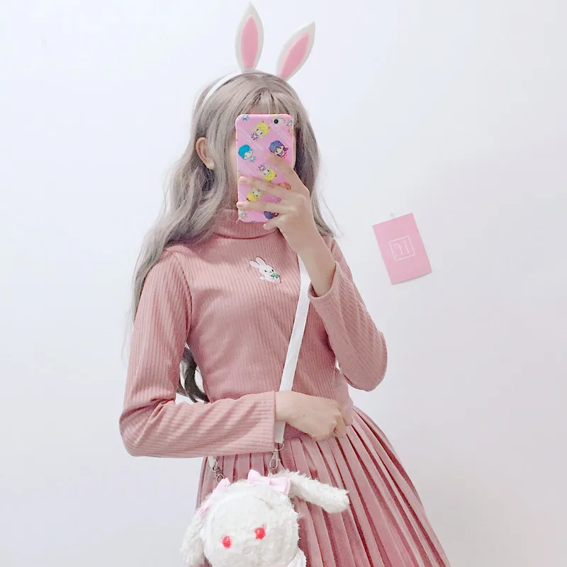 Корейская Милая женская белая футболка с кроликом Harajuku Kawaii Bunny, вязаные топы для девочек, японская Водолазка с длинным рукавом, Милая футболка