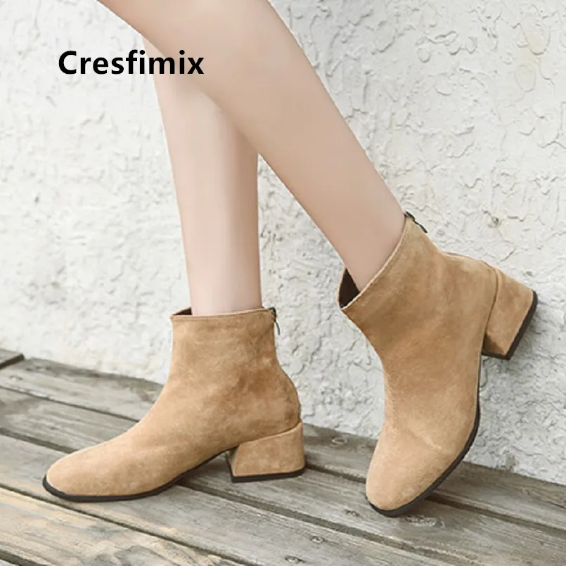 Cresfimix Bottes Femmes/женские модные коричневые осенние ботинки на высоком каблуке с круглым носком женские повседневные Черные замшевые ботинки