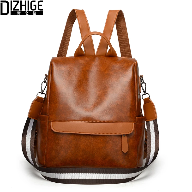 

DIZHIGE Retro PU Women Backpacks Large Capacity Leather Anti Theft Bag Pack Portable Tote Nylon Strap Female Travel Shoulder Bag