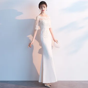 

White Noble Mermaid Chinese Sexy Queen Oriental Party Female Cheongsam Stage Show Qipao Dress Elegant Celebrity Banquet Dresses