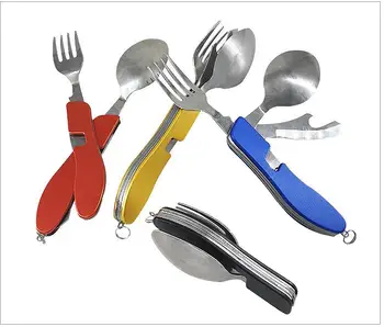 

200 Pcs Camping Tableware Stainless Steel Fork Spoon Knives In One Camping Multi-function Folding Fork Knife Free Shipping