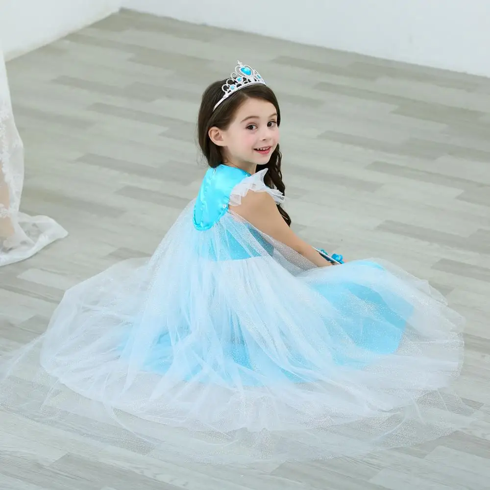 Маскарадный костюм Эльзы для маленьких девочек; платье принцессы Эльзы с длинной накидкой на Рождество, день рождения, Хэллоуин; нарядное платье Снежной Королевы