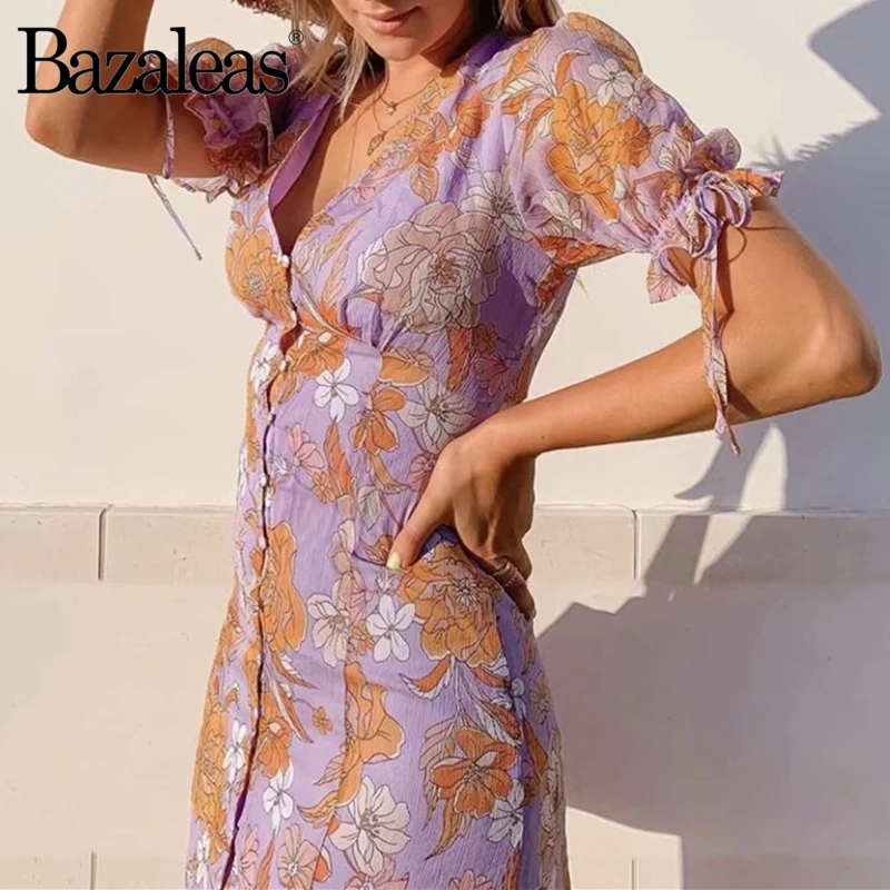 Bazaleas, праздничное платье с пуговицами, винтажное фиолетовое цветочное женское платье миди, модное женское платье с коротким рукавом и завязками