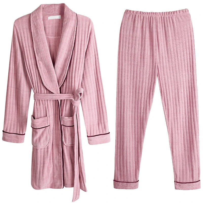 

Pijamas Women Pink Winter Velvet Robe Pajama Set Long Sleeves Belted Striped Embossing Pattern Cozy Homewear Robe + Bottoms Sets