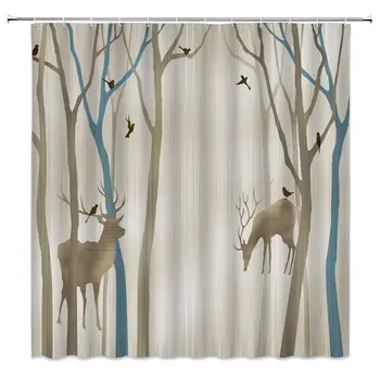 

Deer Tree Shower Curtain Decor Abstract Reindeer Forest Flying Bird Modern Literary Style Watercolor Blue Brown Fabric Bath