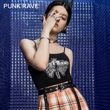 

PUNK RAVE Girl's Gothic Black Knitted Camisole with A Thin Printed Sexy Short Top Summer Cotton Women Clothes