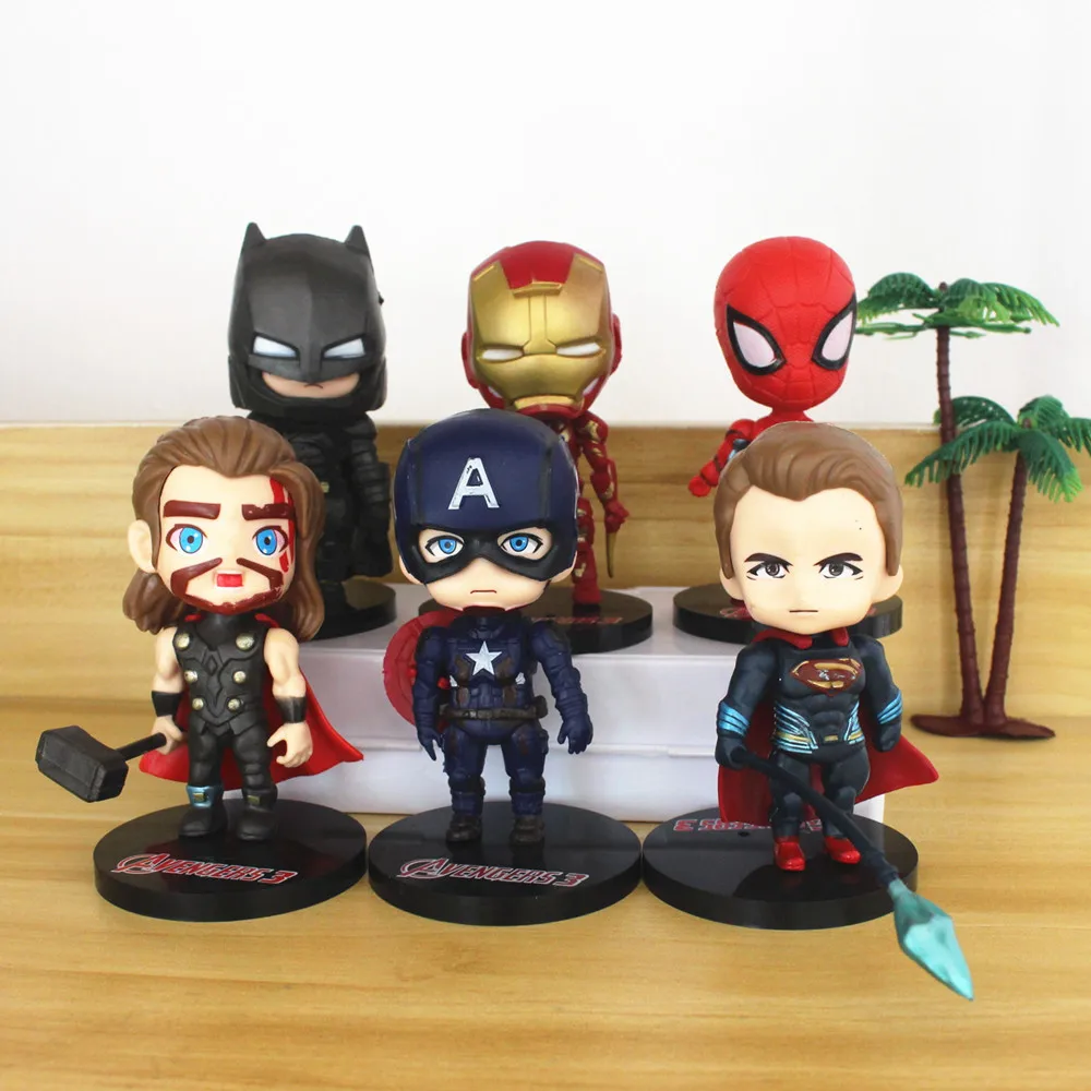 

6pc/lot 10cm Super Hero PVC Action Figures Captain America Iron Spider Man Avengers Marvel Cute Dolls Toys for Children Boy Gift