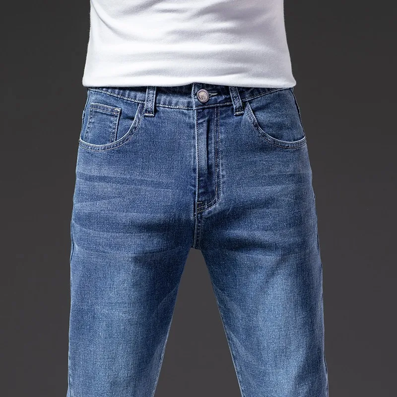 

2021 Brand Stretch Jeans Classic Style Business Casual Men's Mid-Waist Slim Denim Jeans Black Blue