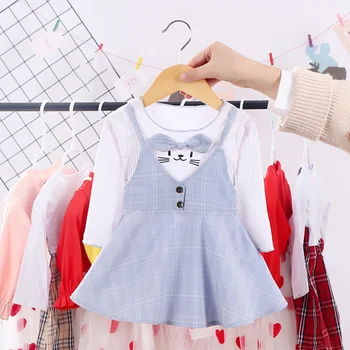 

Spring Fall Toddler Girls Cute Plaid Print Fake 2 Pcs Bottoming Shirt Long Sleeved Infant Baby Sweet Princess Dresses for Kids